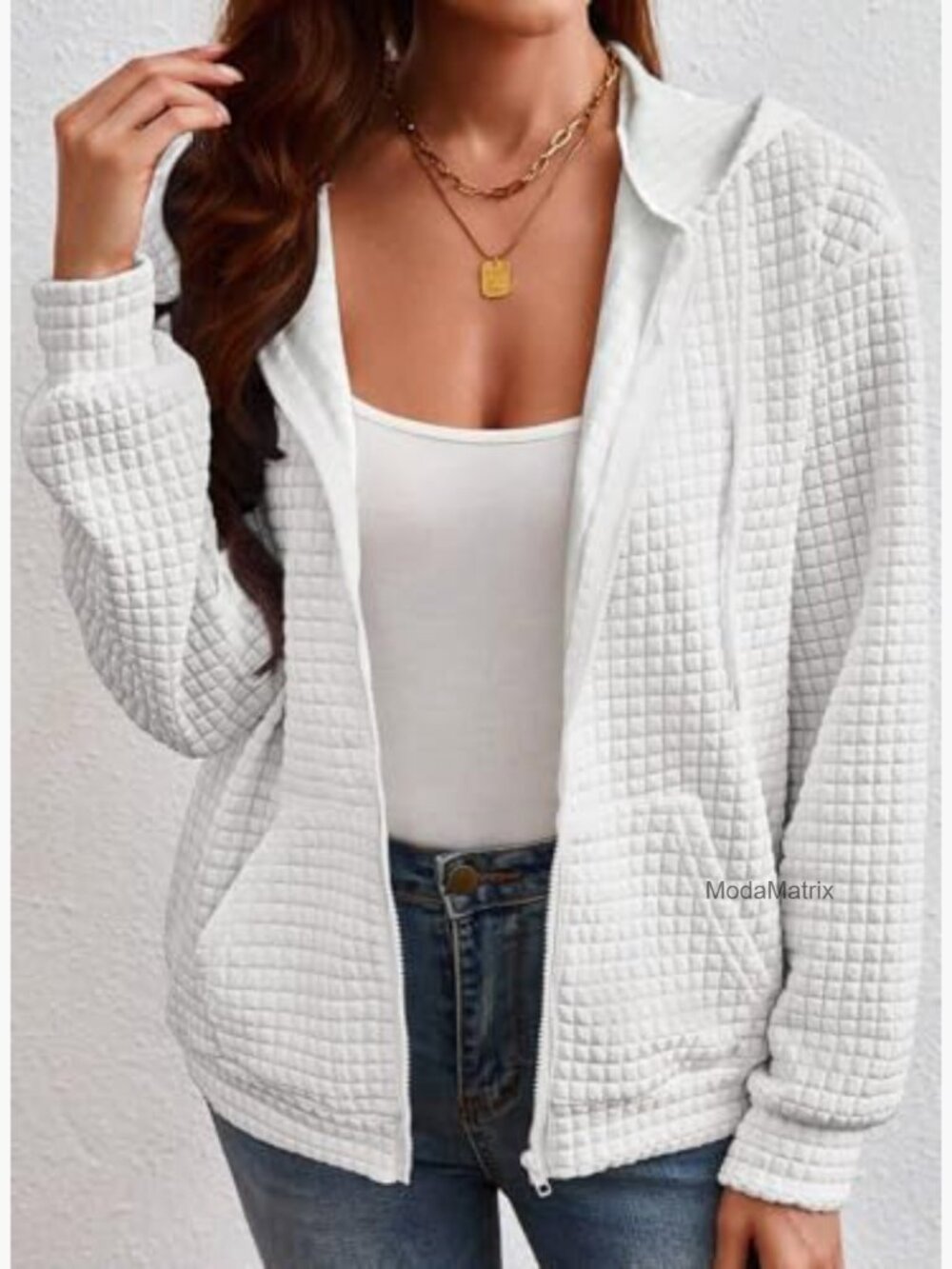 Zip Up Hoodie Oversized Waffle Sweatshirt Casual Jacket - Picture 4 of 7